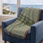Personalized Family Name Green Checkered Woven Blanket Throw
