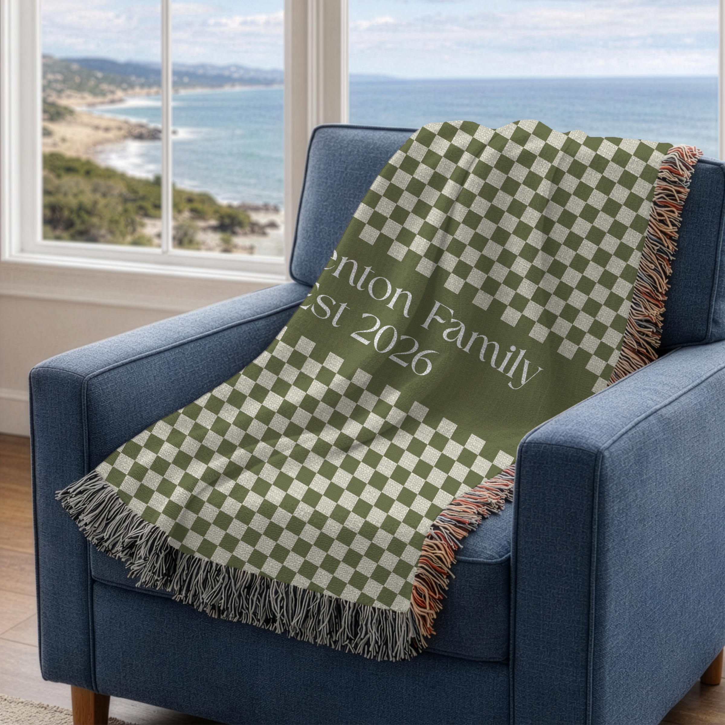 Personalized Family Name Green Checkered Woven Blanket Throw