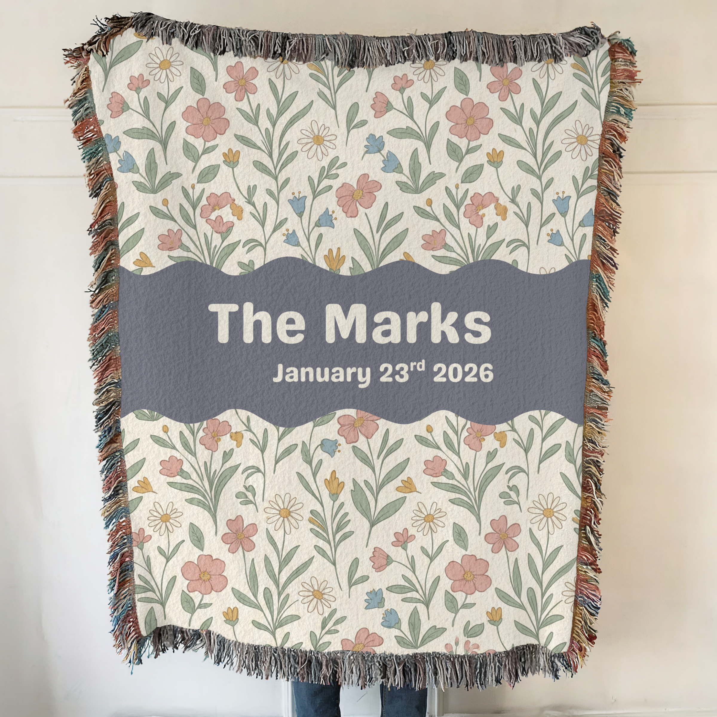 Personalized Family Name Floral Woven Blanket