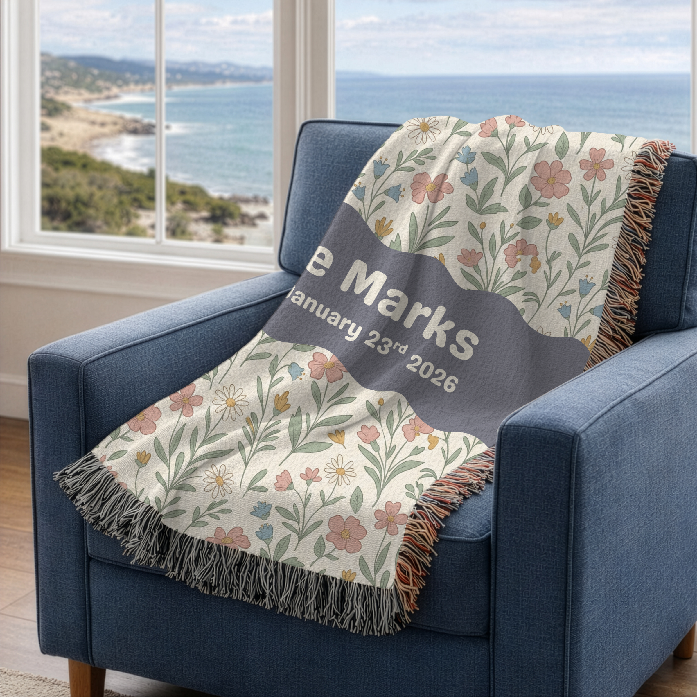 Personalized Family Name Floral Woven Blanket