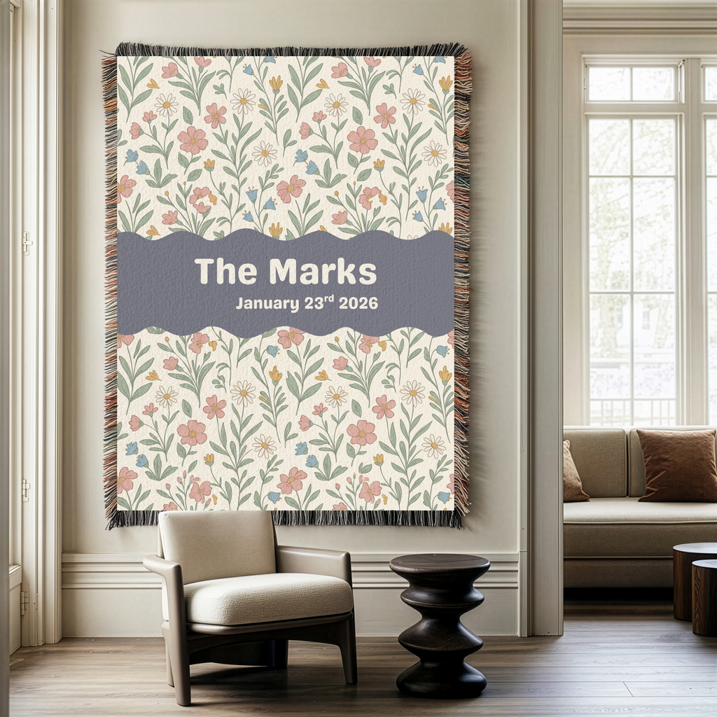 Personalized Family Name Floral Woven Blanket