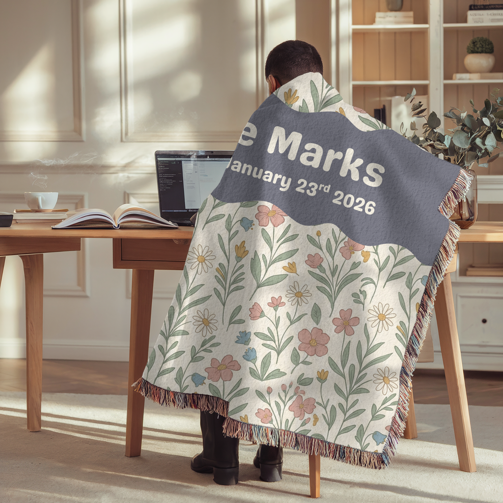 Personalized Family Name Floral Woven Blanket