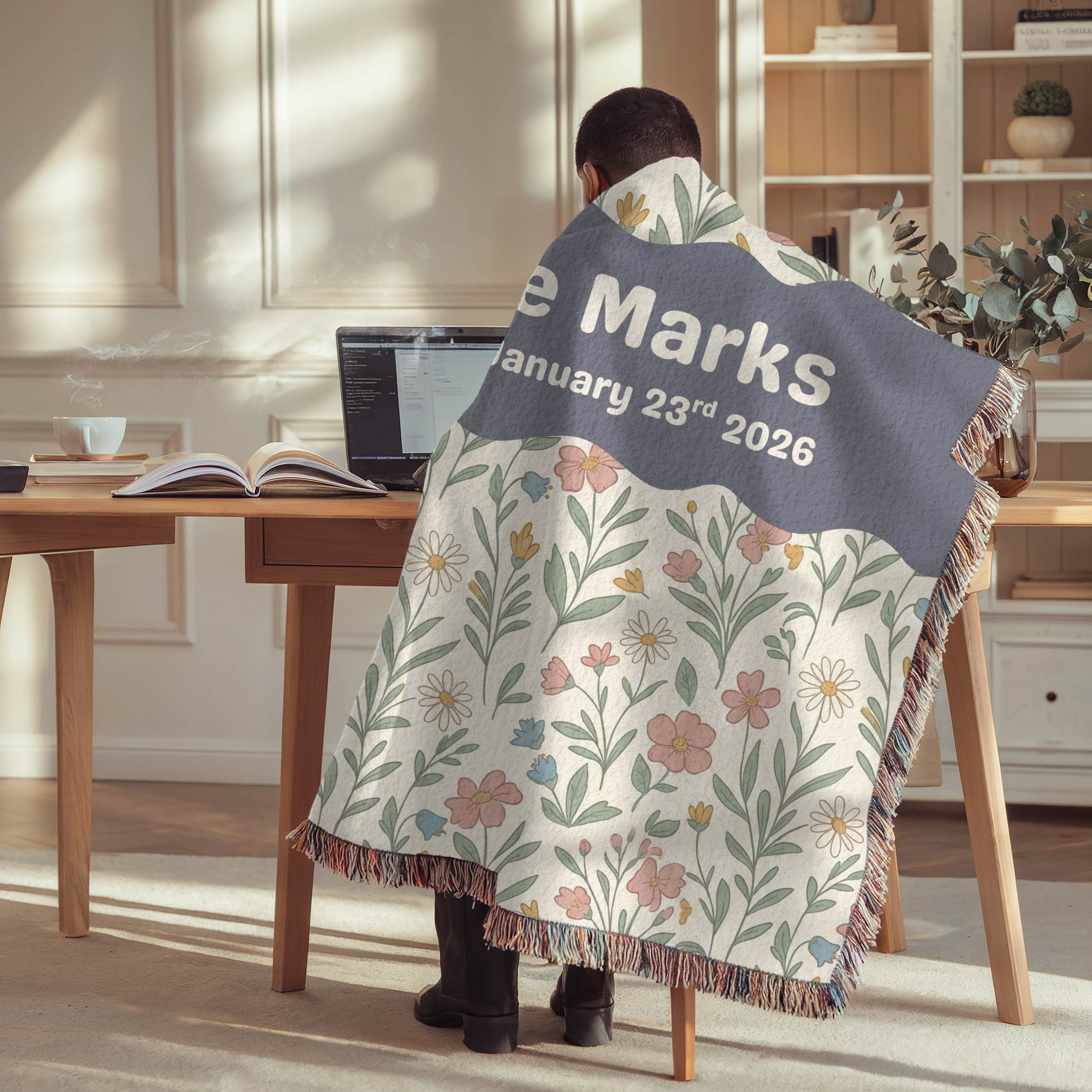 Personalized Family Name Floral Woven Blanket
