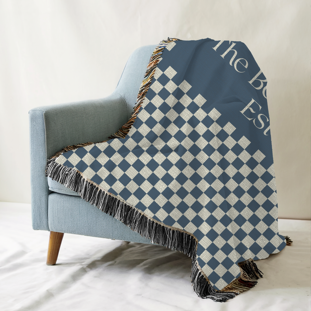 Personalized Family Name Blue Checkered Woven Blanket Throw