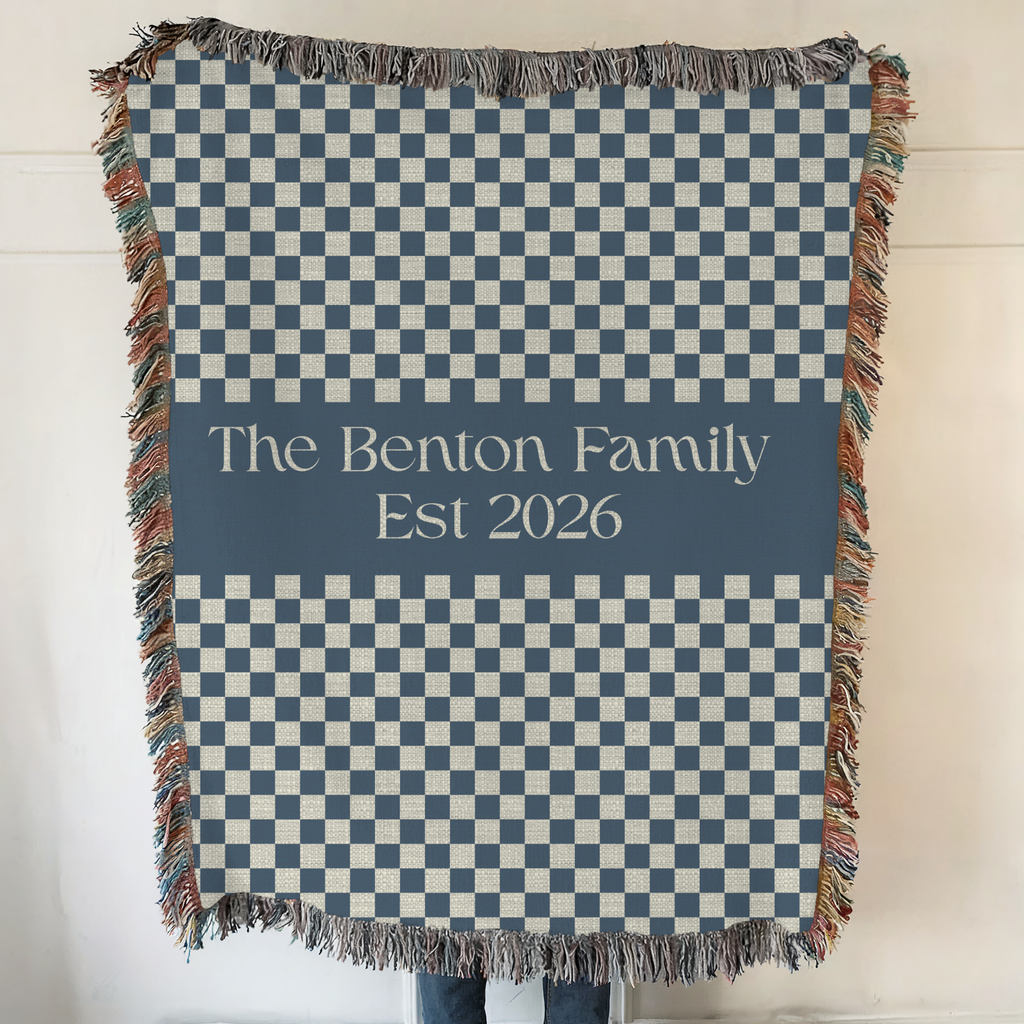 Personalized Family Name Blue Checkered Woven Blanket Throw