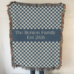 Personalized Family Name Blue Checkered Woven Blanket Throw