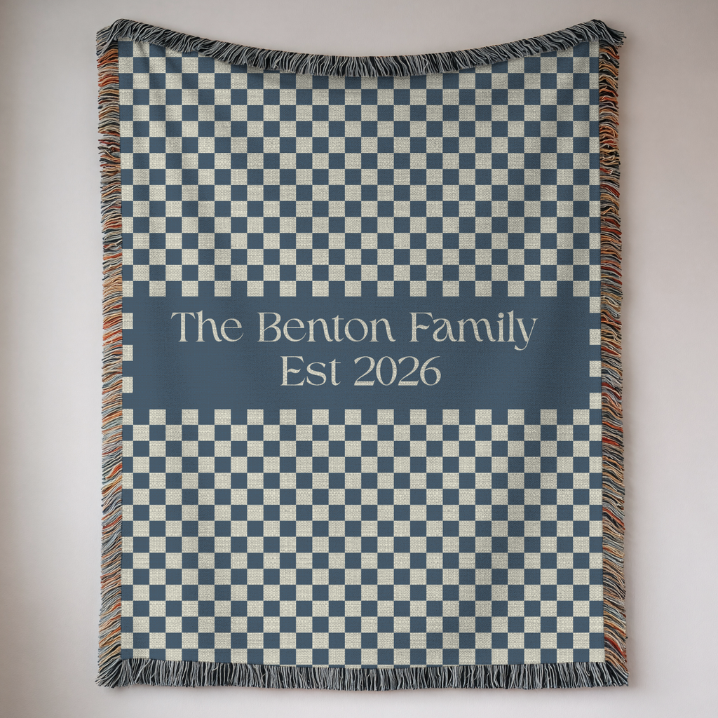Personalized Family Name Blue Checkered Woven Blanket Throw