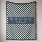 Personalized Family Name Blue Checkered Woven Blanket Throw