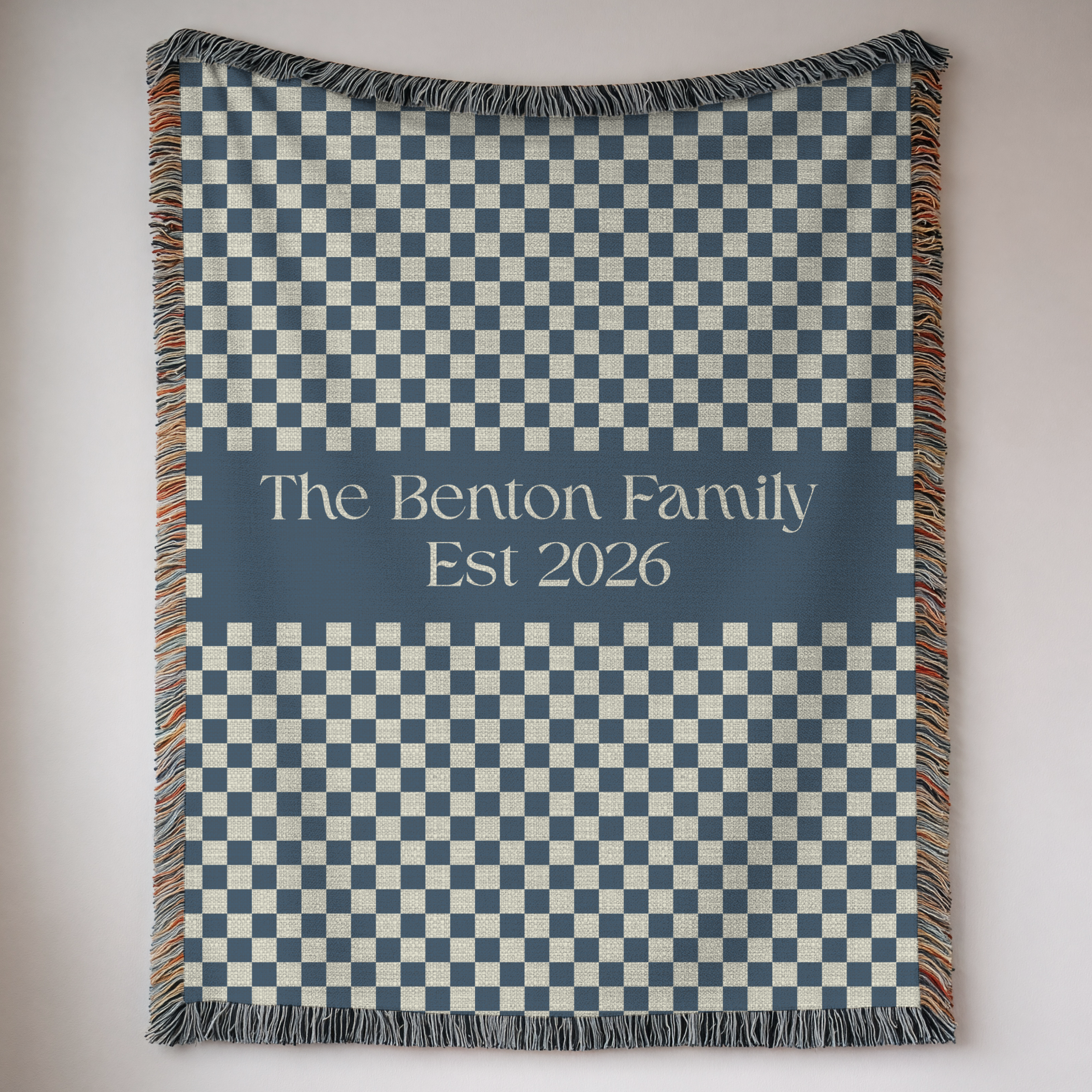 Personalized Family Name Blue Checkered Woven Blanket Throw