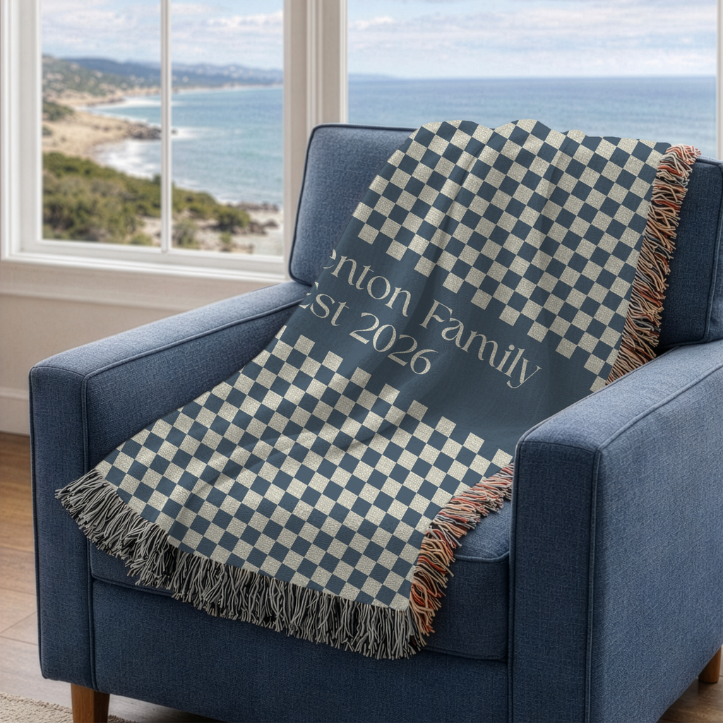 Personalized Family Name Blue Checkered Woven Blanket Throw