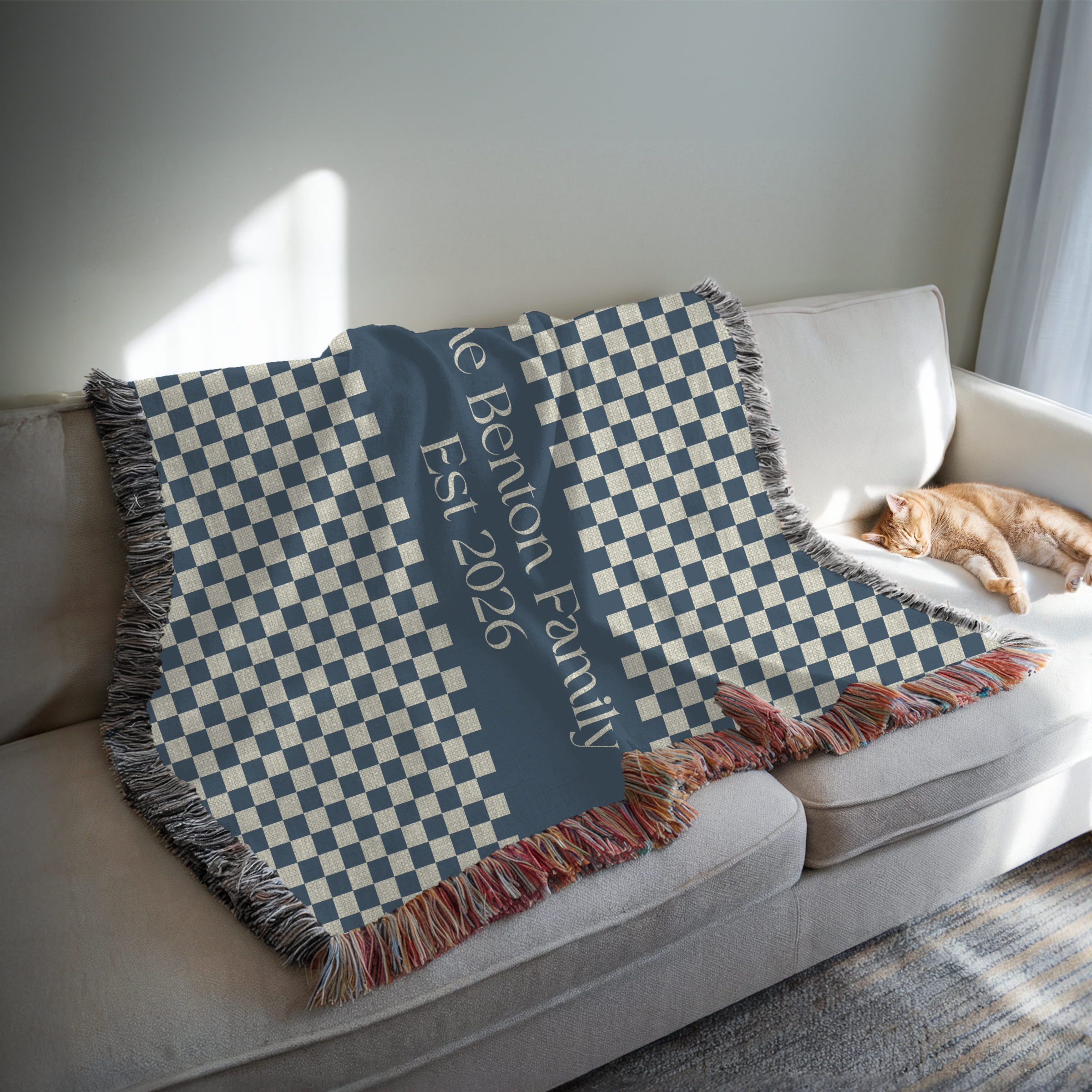 Personalized Family Name Blue Checkered Woven Blanket Throw
