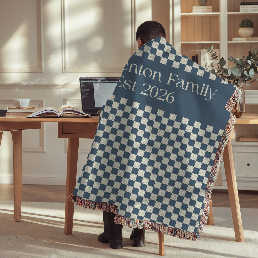 Personalized Family Name Blue Checkered Woven Blanket Throw