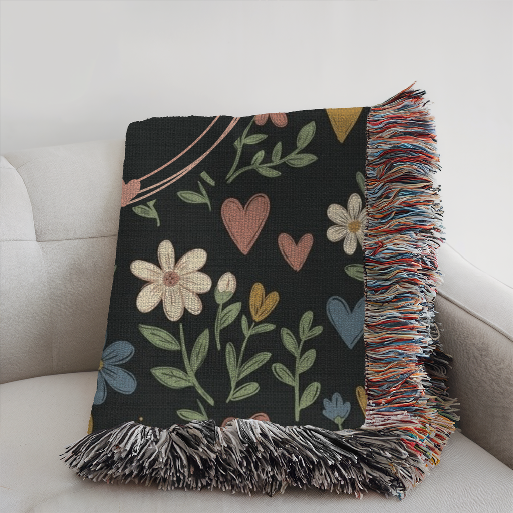 Personalized Name & Date Floral Heart Woven Blanket Throw