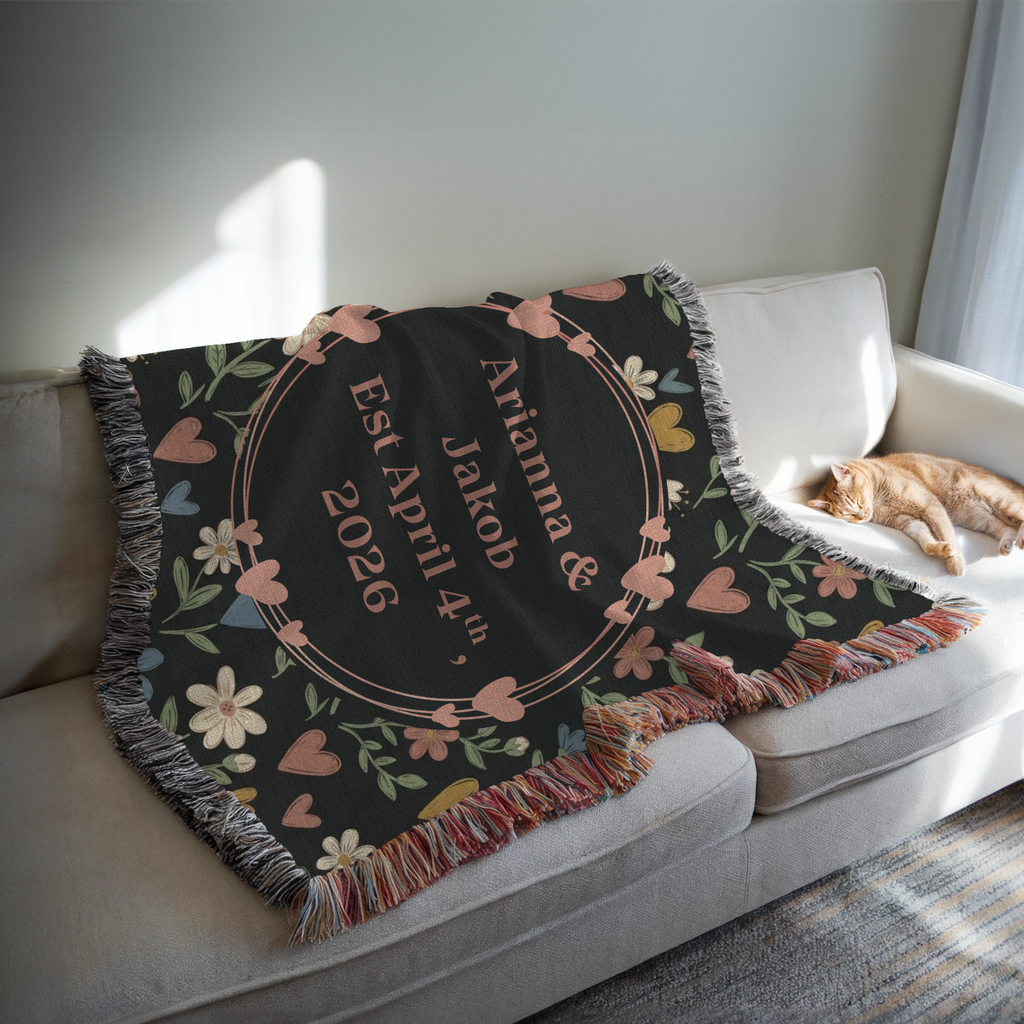 Personalized Name & Date Floral Heart Woven Blanket Throw