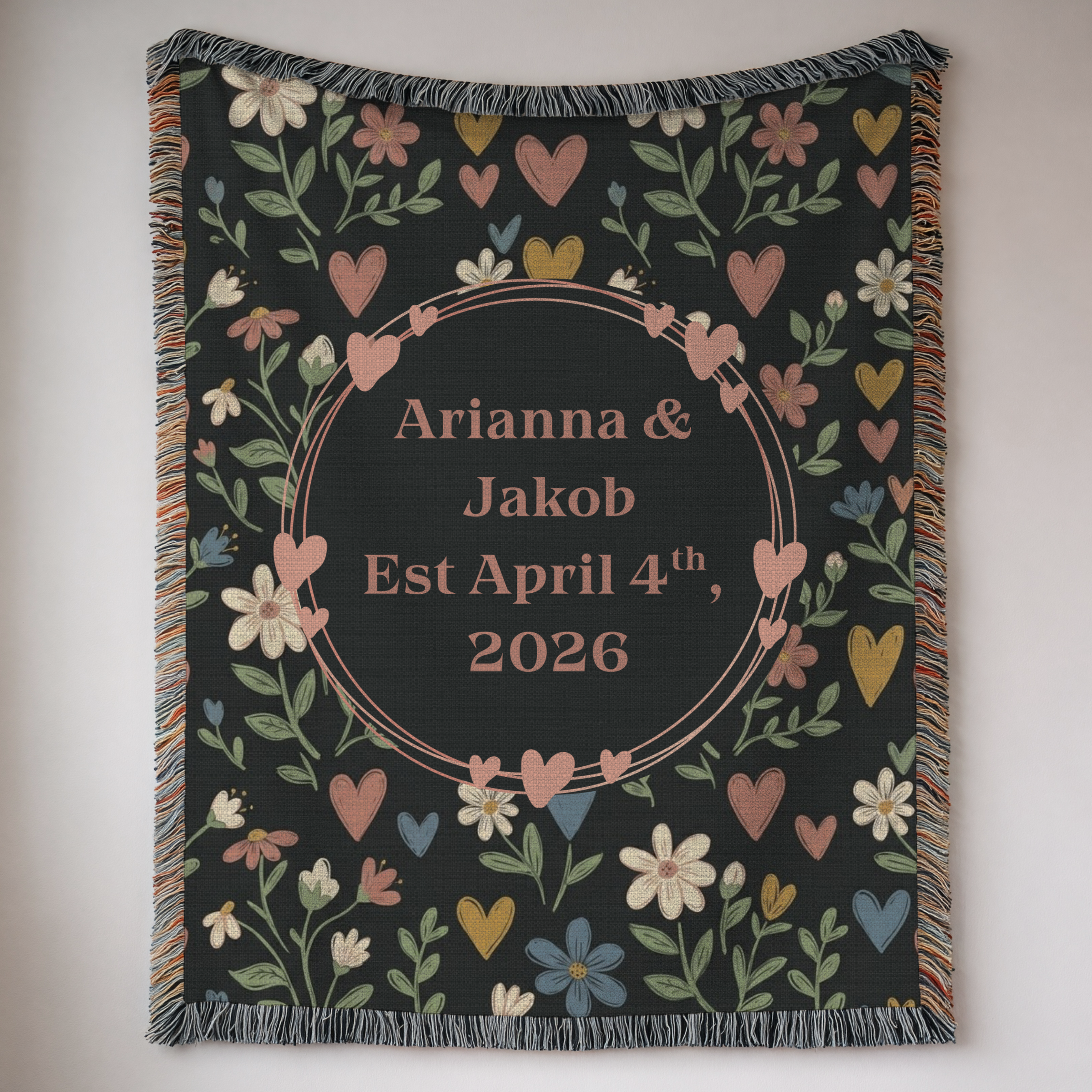 Personalized Name & Date Floral Heart Woven Blanket Throw