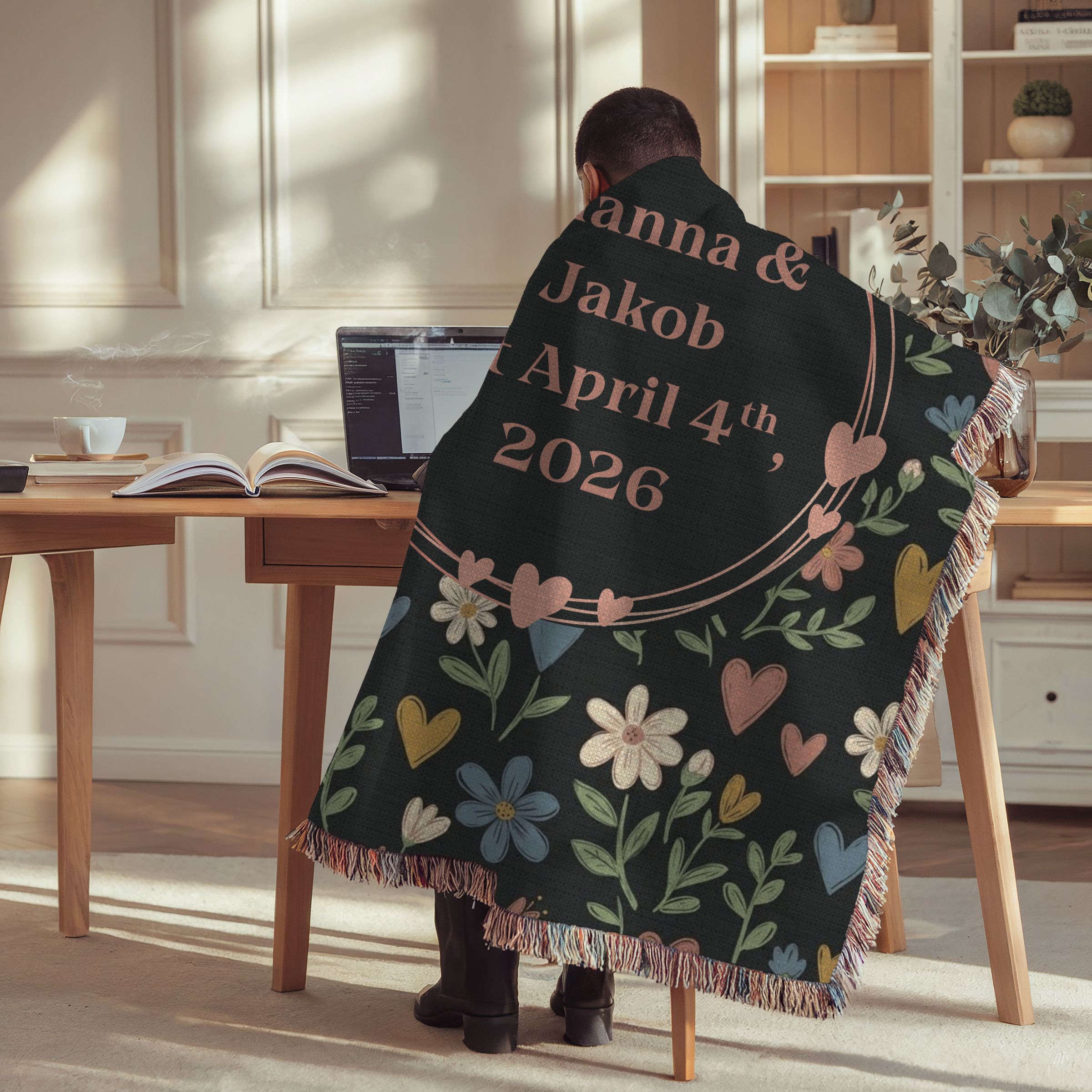 Personalized Name & Date Floral Heart Woven Blanket Throw