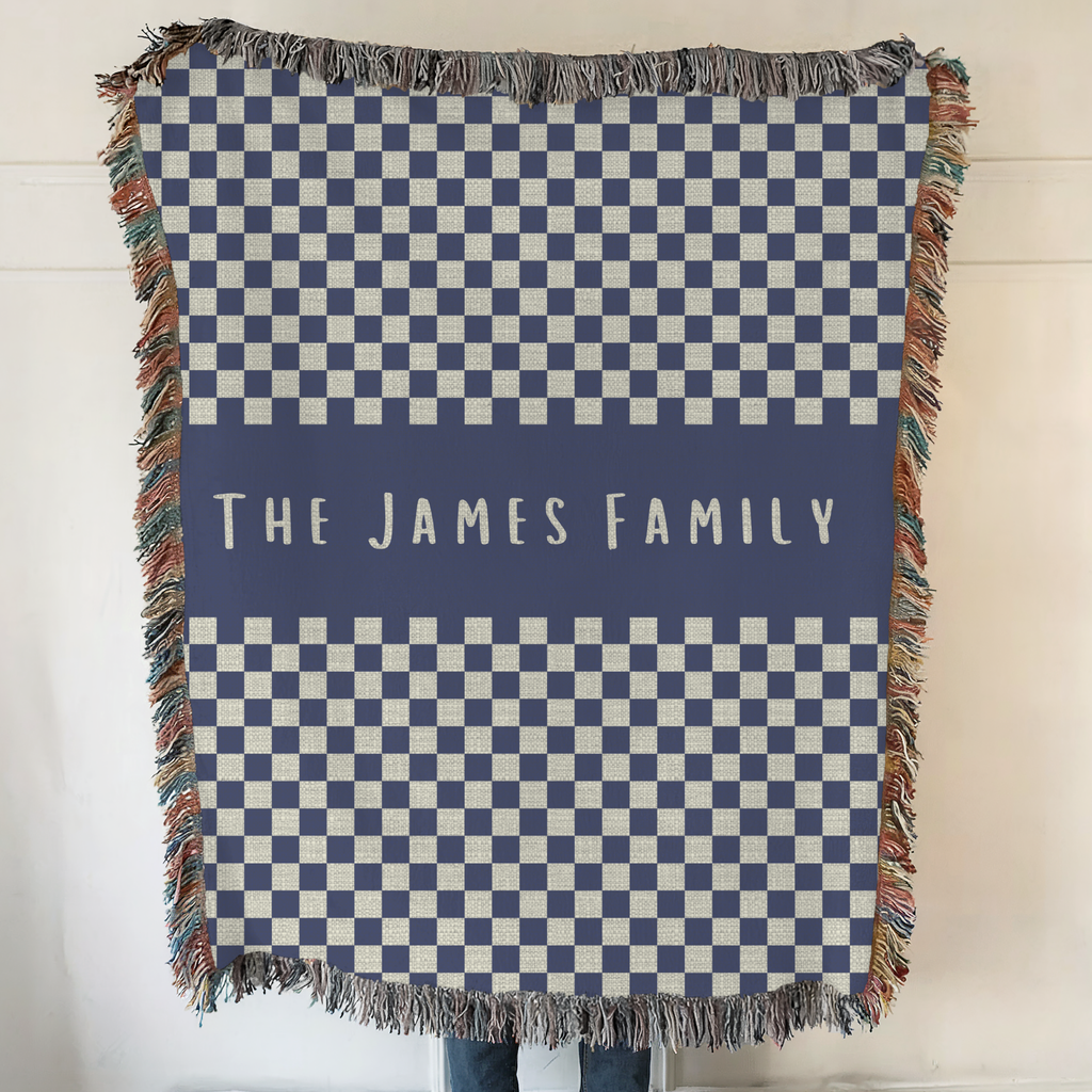 Personalized Family Name Checkered Blue Woven Blanket Throw