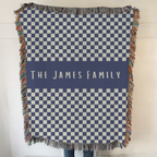 Personalized Family Name Checkered Blue Woven Blanket Throw
