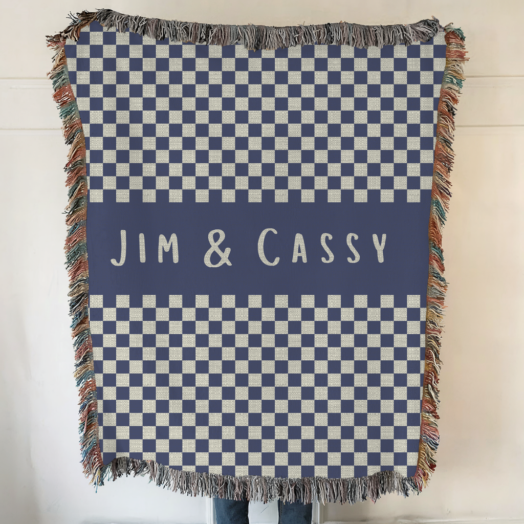 Personalized Family Name Checkered Blue Woven Blanket Throw