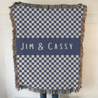 Personalized Family Name Checkered Blue Woven Blanket Throw