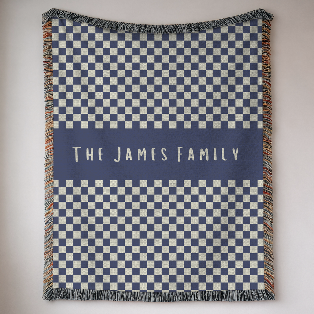 Personalized Family Name Checkered Blue Woven Blanket Throw