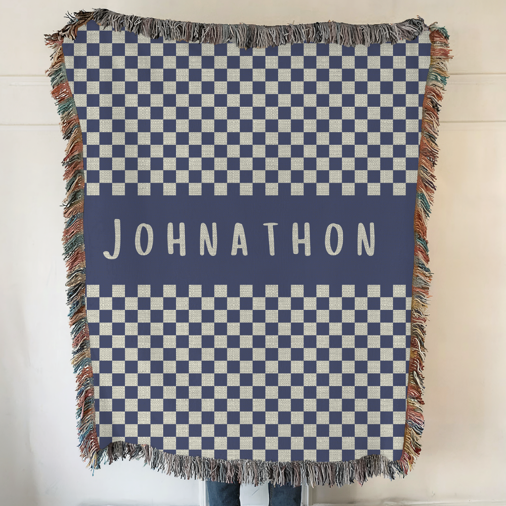 Personalized Family Name Checkered Blue Woven Blanket Throw