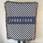 Personalized Family Name Checkered Blue Woven Blanket Throw