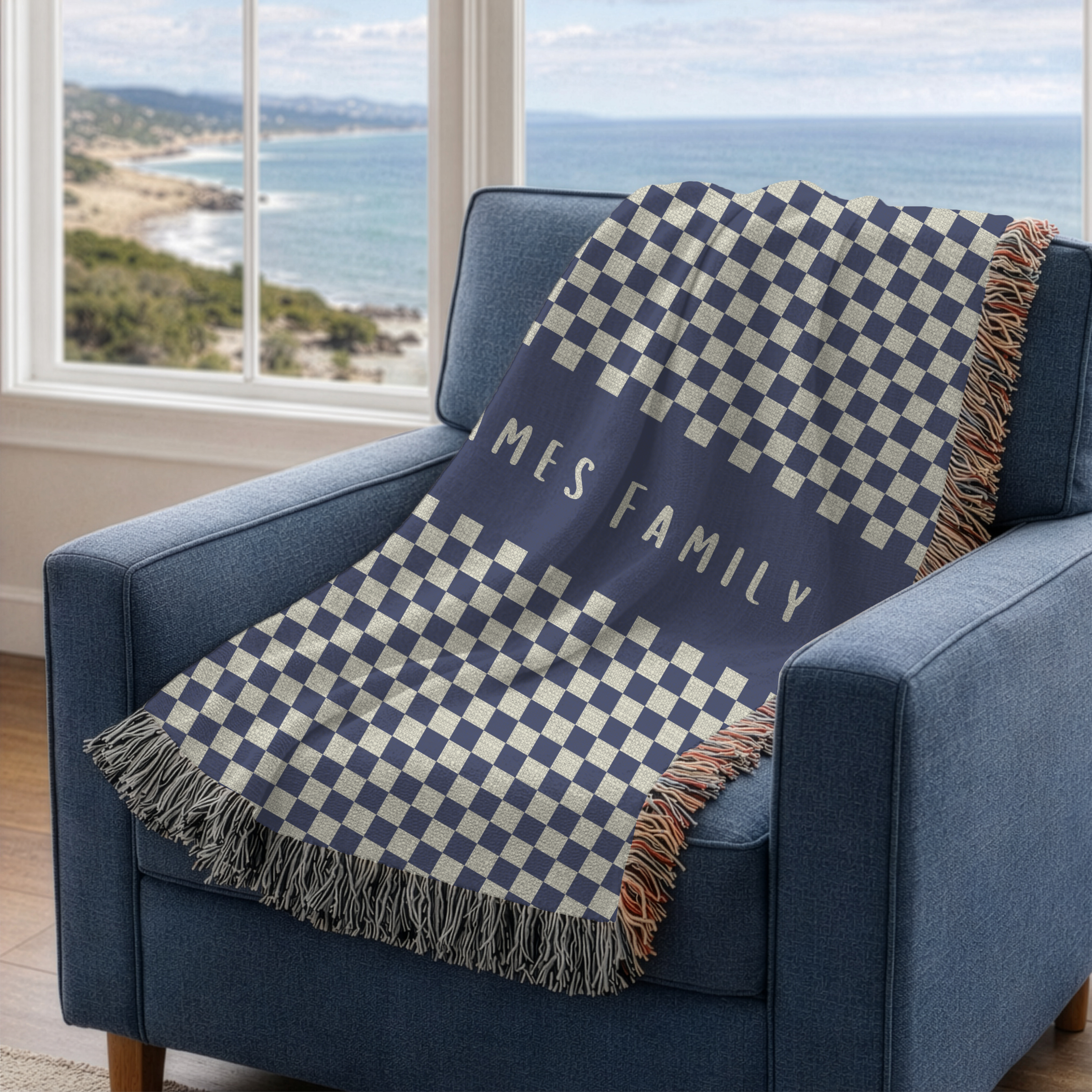 Personalized Family Name Checkered Blue Woven Blanket Throw