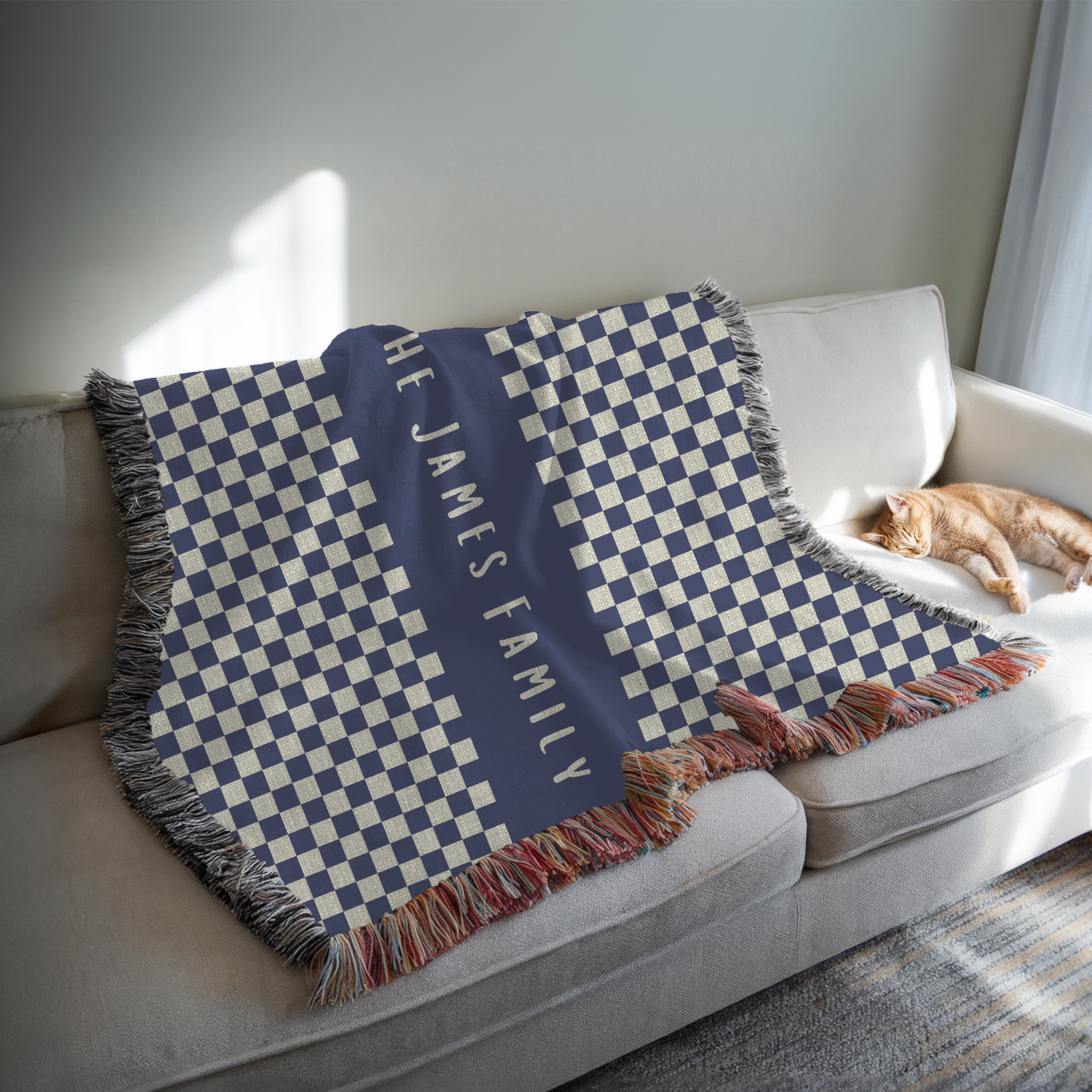 Personalized Family Name Checkered Blue Woven Blanket Throw