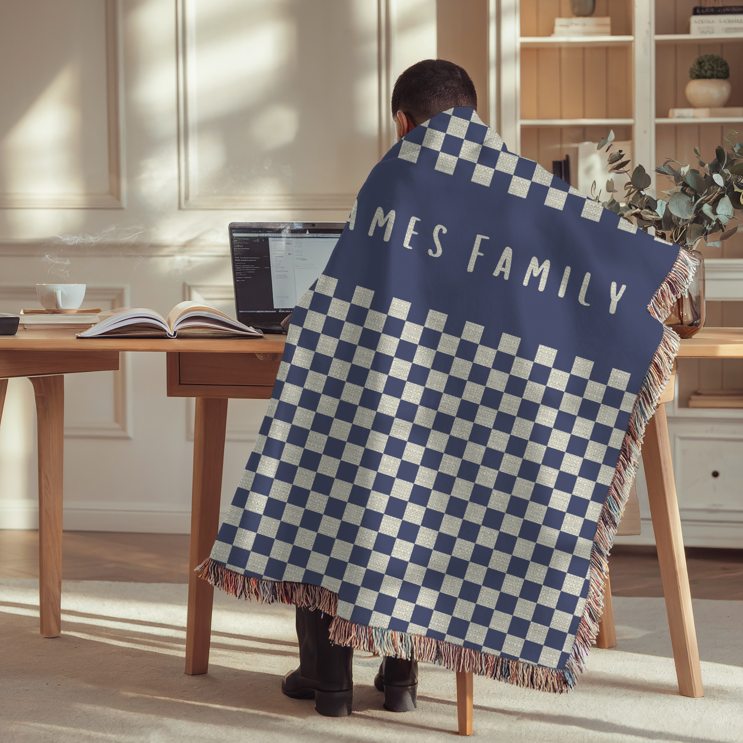 Personalized Family Name Checkered Blue Woven Blanket Throw