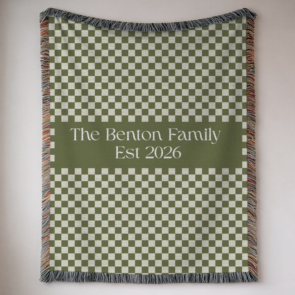 Personalized Family Name Green Checkered Woven Blanket Throw