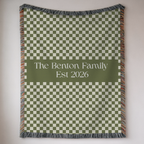 Personalized Family Name Green Checkered Woven Blanket Throw