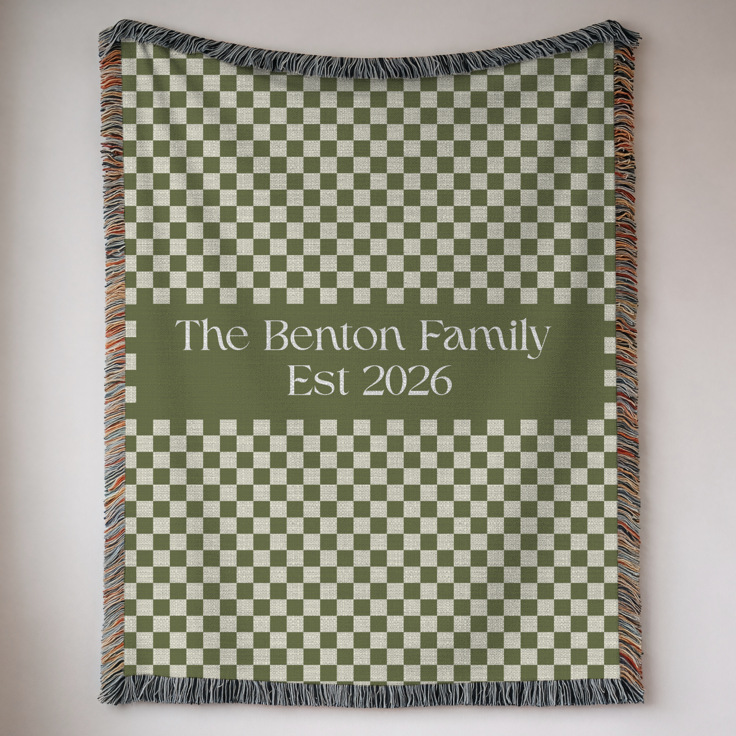 Personalized Family Name Green Checkered Woven Blanket Throw