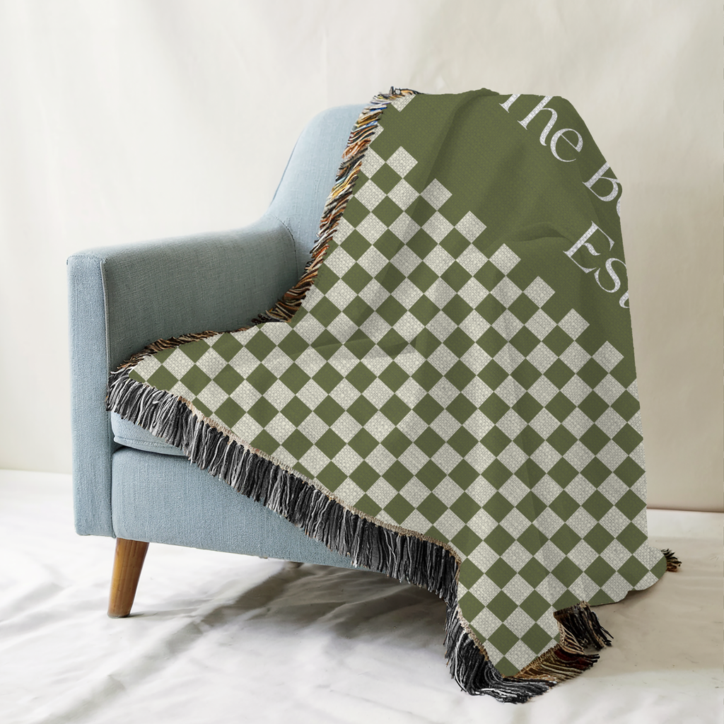 Personalized Family Name Green Checkered Woven Blanket Throw