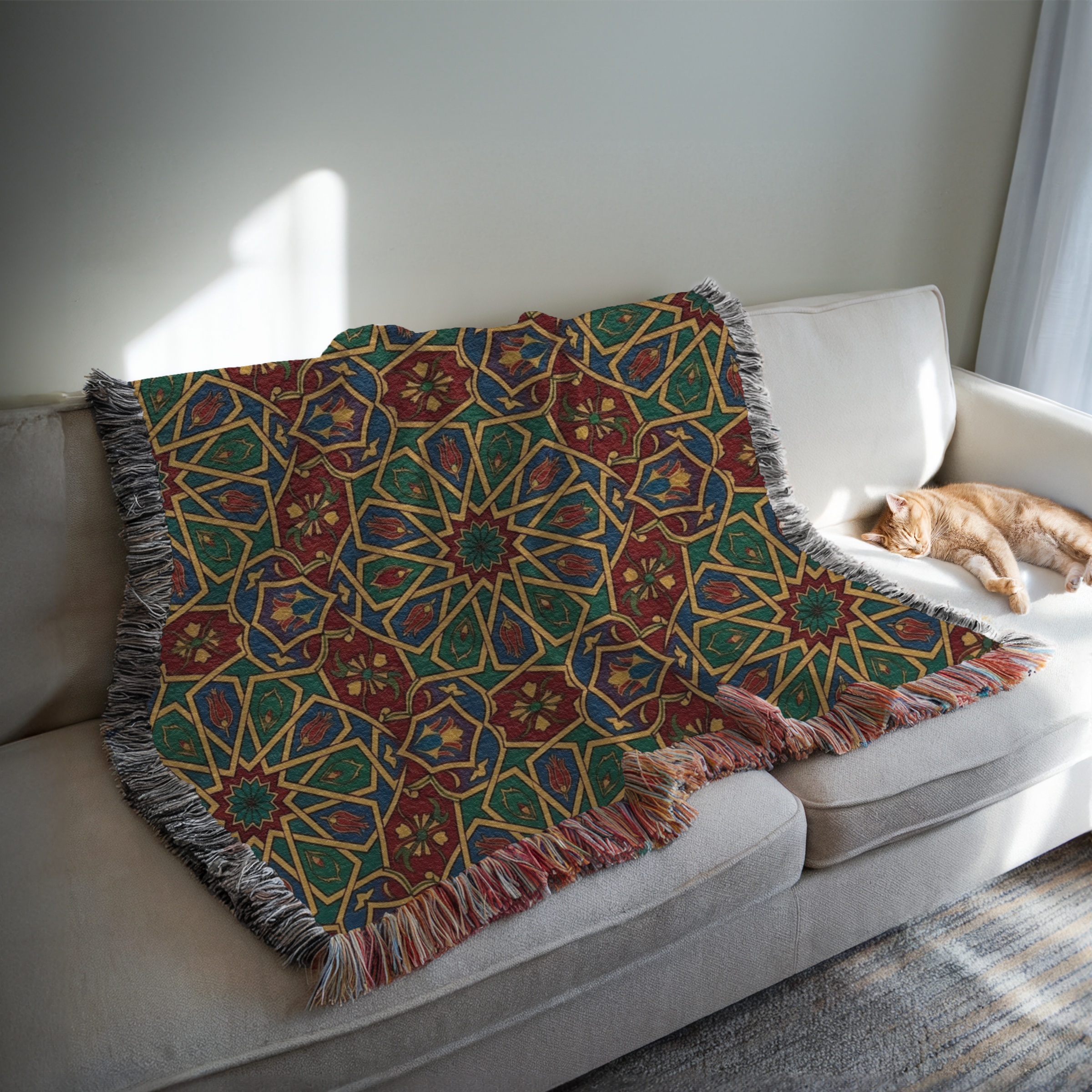 Moroccan Geometric Pattern Tapestry Woven Blanket