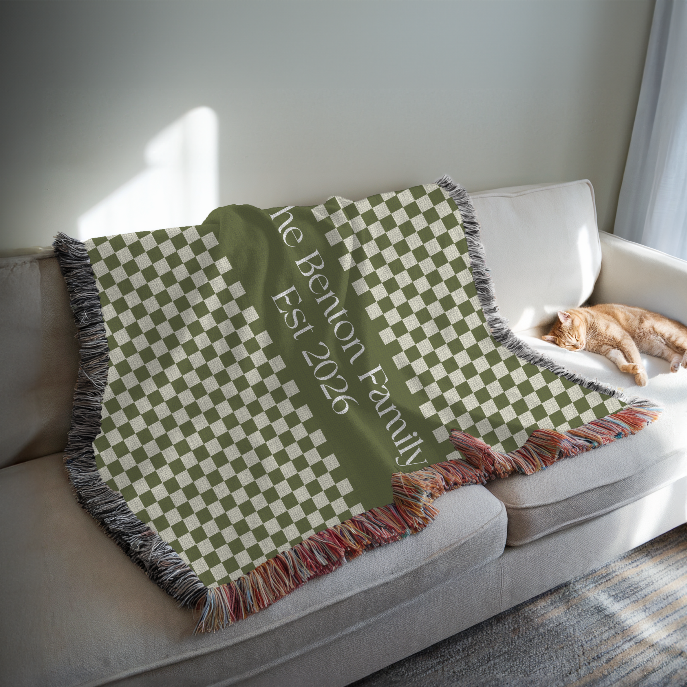 Personalized Family Name Green Checkered Woven Blanket Throw