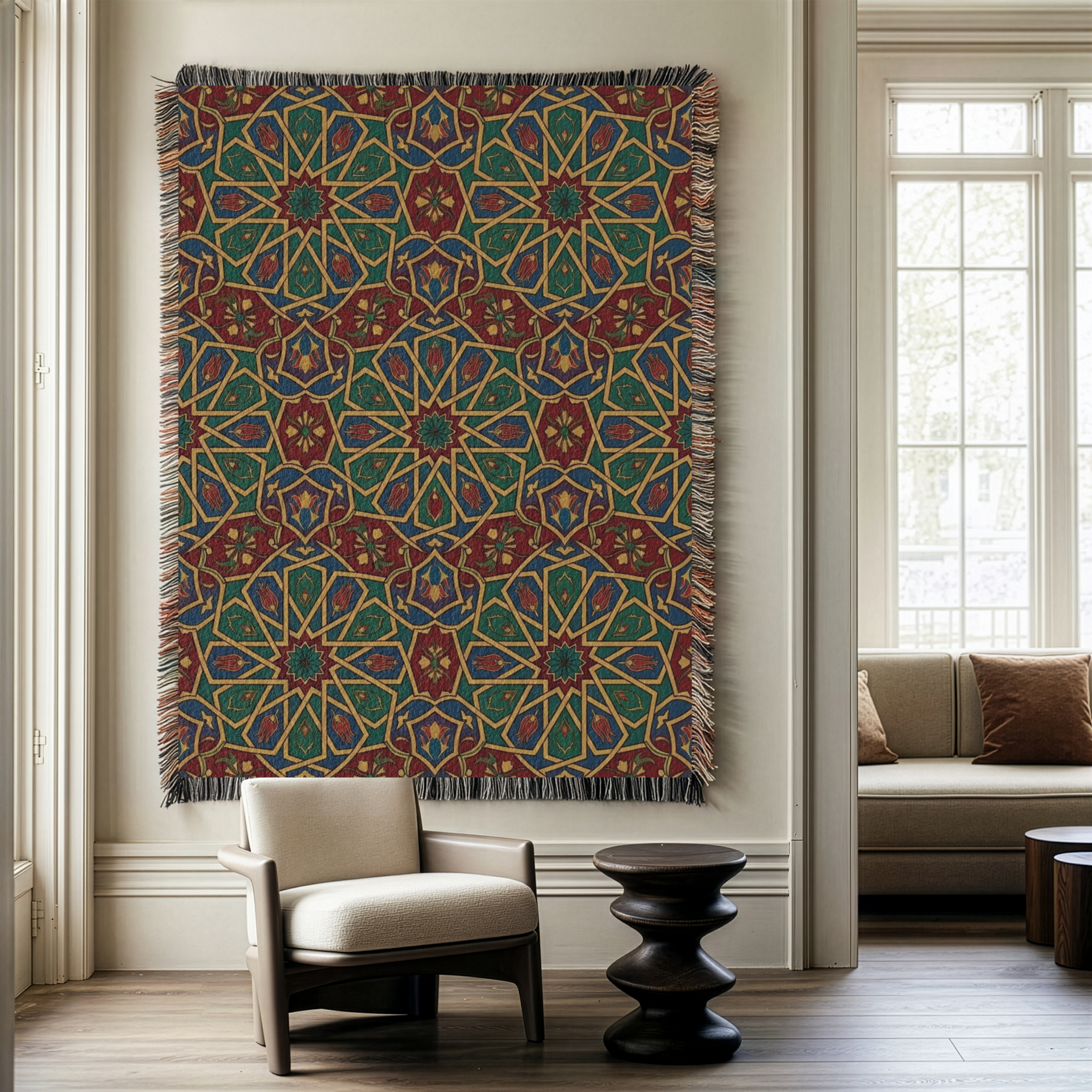 Moroccan Geometric Pattern Tapestry Woven Blanket