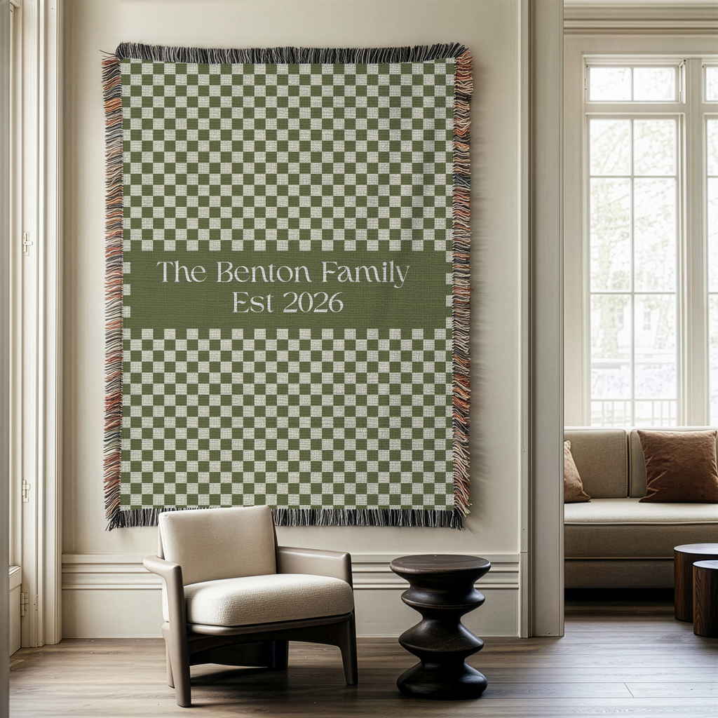 Personalized Family Name Green Checkered Woven Blanket Throw