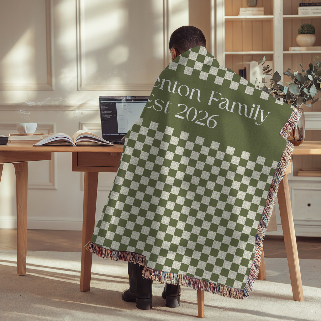 Personalized Family Name Green Checkered Woven Blanket Throw