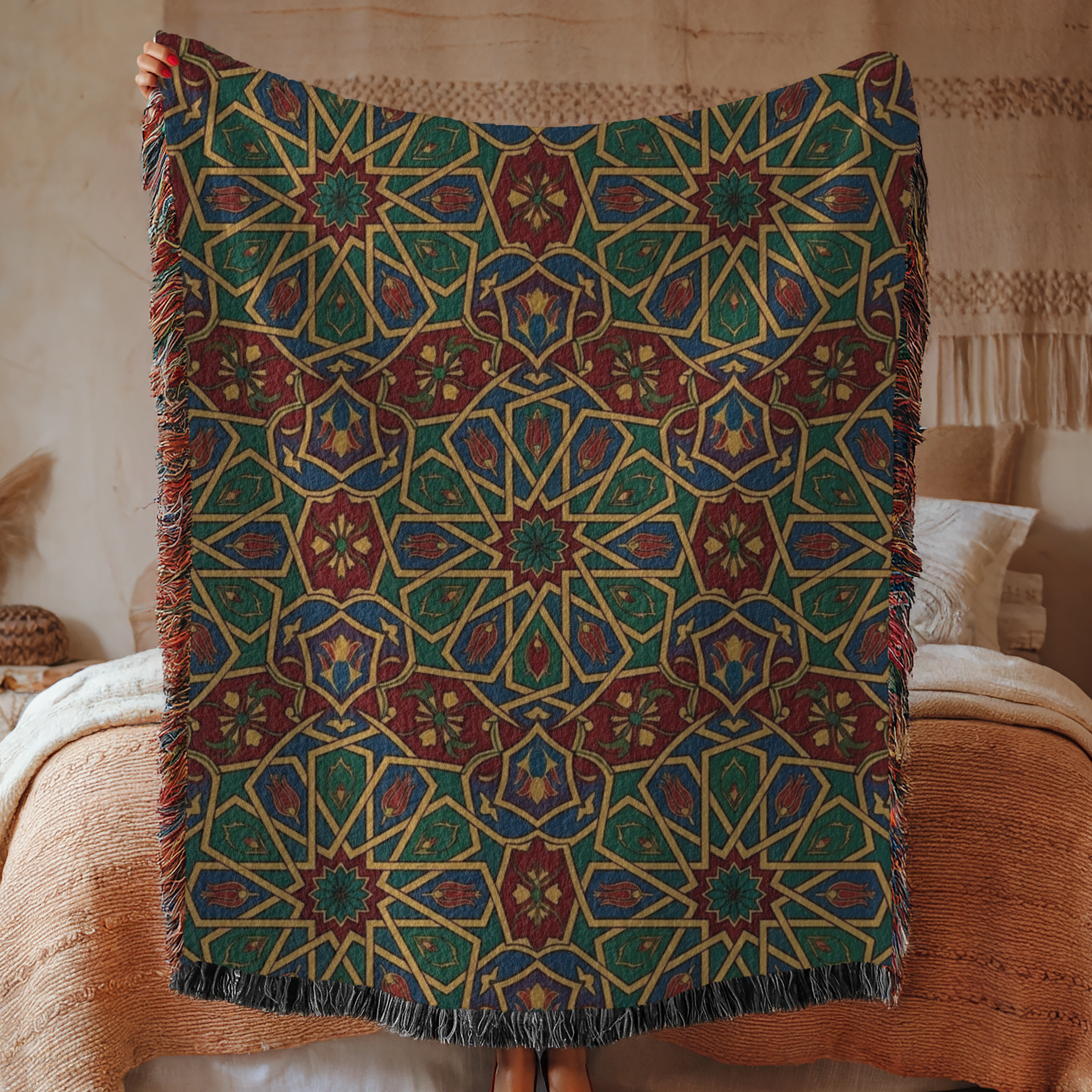 Moroccan Geometric Pattern Tapestry Woven Blanket