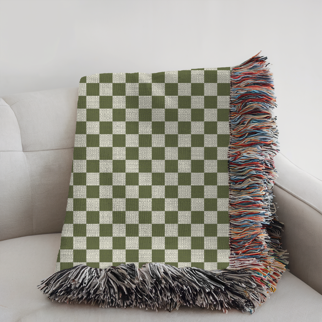 Personalized Family Name Green Checkered Woven Blanket Throw