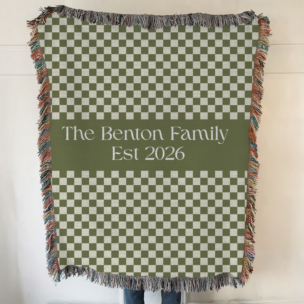 Personalized Family Name Green Checkered Woven Blanket Throw
