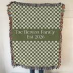 Personalized Family Name Green Checkered Woven Blanket Throw